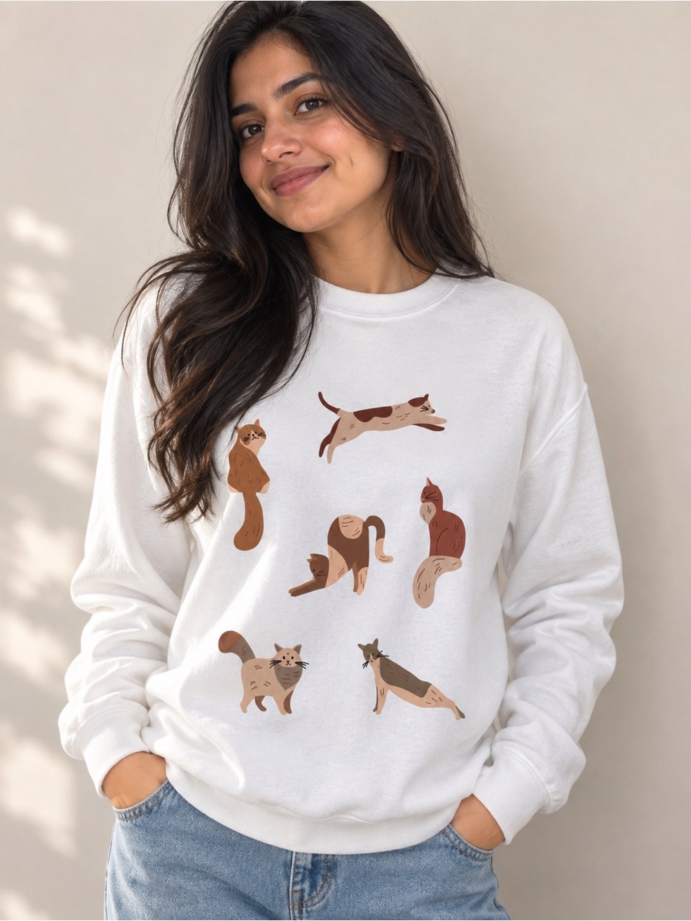 Cats Graphic Crewneck Sweatshirt - White